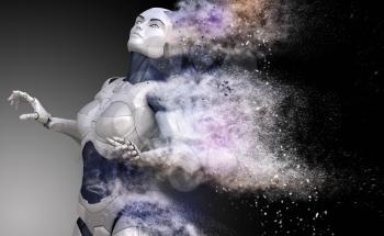 Cyborg shattered into dust. 3D illustration