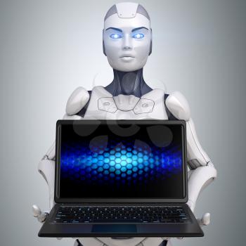 Robot holding a laptop. 3D illustration