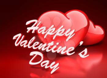 Read hearts with Happy Valentine's Day inscription. 3D illustration