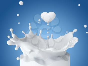Drop of milk in form of heart. 3D illustration