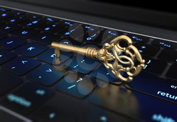 Old key on computer keyboard. 3D illustration