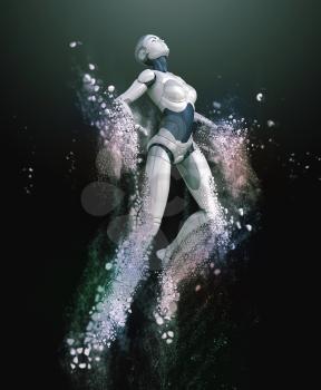 Robot-android shattered into dust. 3D illustration