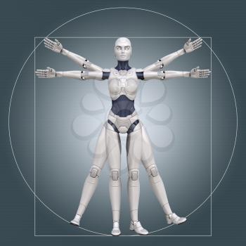 Vitruvian man, cyborg. 3D illustration