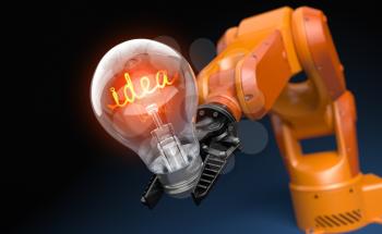Industrial robot arm holding light bulb. 3D illustration
