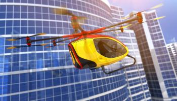 Electric Passenger Drone flying in front of buildings. This is a 3D model and doesn't exist in real life. 3D illustration