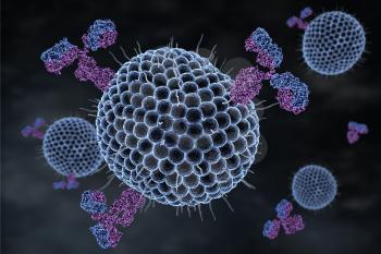 Herpes viruses and antibodies. 3D illustration