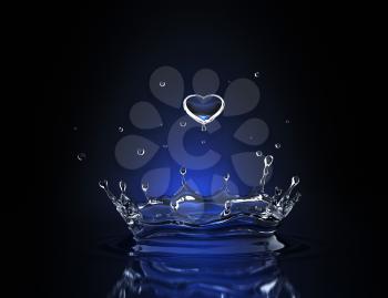 Water drop in form of heart in blue spot light. 3D illustration