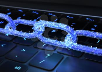 The chain with data on a keyboard. 3D illustration