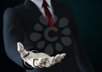 Robot in suit giving his empty hand. 3D illustration