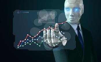 Robot in suit touching a chart on screen. 3D illustration