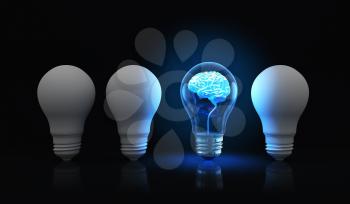 Light bulb with shining brain inside.3D illustration