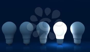 Illuminated light bulb in a row of dim ones concept for creativity, innovation and solution. 3D illustration