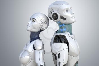 Female and male robots. 3D illustration