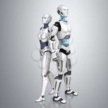 Female and male robots posing on a light gray background. 3D illustration