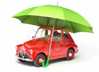 Red car under umbrella. 3D illustration