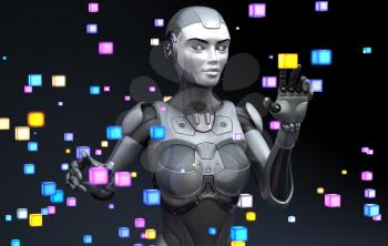 Robot playing with virtual objects. 3D illustration