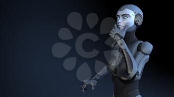 Cyborg stands in a pensive pose. 3D illustration