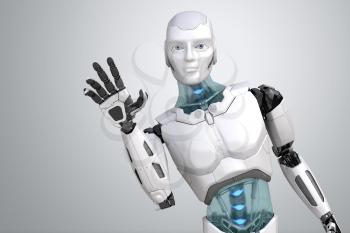 Greeting robot waves his hand on a light gray background. 3D illustration