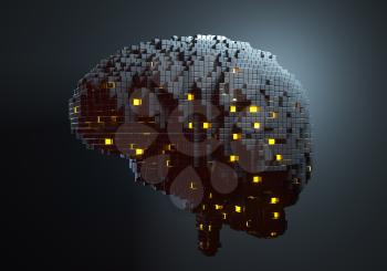Brain consisting of blocks. Artificial intelligence concept. 3D illustration