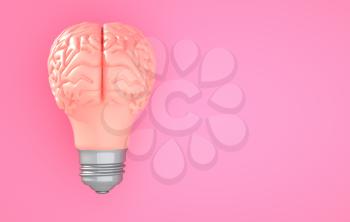 Pink brain light bulb on the color background. 3D illustration