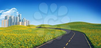 Winding road leads to the big city. 3D illustration