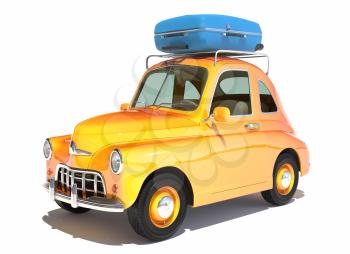 Retro cartoon car with laggage on top isolated on white. 3D illustration