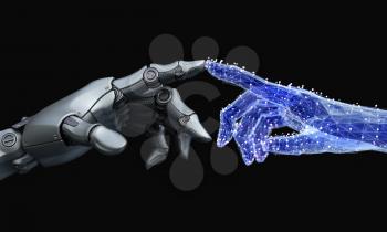 Robot's hand touches virtual hand made of net. 3D illustration