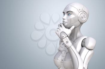 Cyborg stands in a pensive pose on bright background. 3D illustration