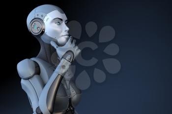 Cyborg stands in a pensive pose on dark background. 3D illustration