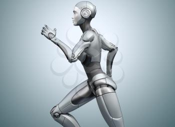 Running cyborg on bright background. 3D illustration