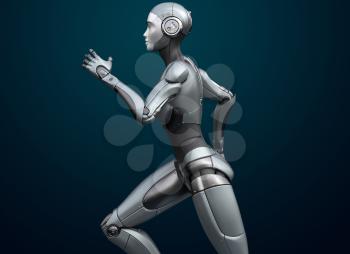 Running cyborg on dark background. 3D illustration