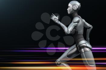 Running robot on dark background. 3D illustration