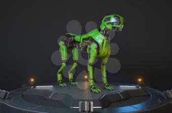 Green robot dog stands on a charging dock. 3D illustration