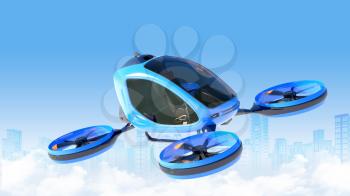 Electric Passenger Drone flying in front of buildings. This is a 3D model and doesn't exist in real life. 3D illustration