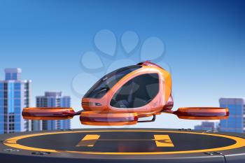 Passenger Drone landing on the top of a building. This is a 3D model and doesn't exist in real life. 3D illustration