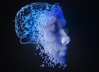 Face consisting of blocks. Artificial intelligence concept. 3D illustration