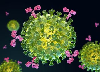 Flu virus and antibodies. 3D illustration