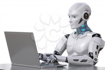 The robot works with a laptop. Clipping path included. 3D illustration