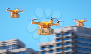 Three drones carrying a parcell. 3d illustration
