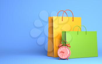Two Shopping Bags and alarm clock. 3D illustration