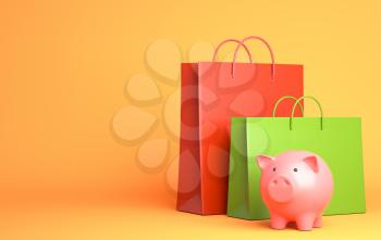 Two Shopping Bags and piggy bank. 3D illustration