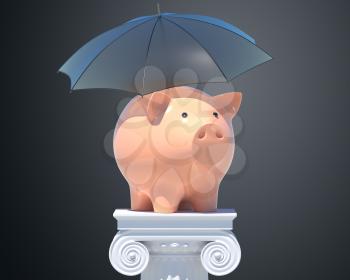 Piggy bank under umbrella. 3D illustration