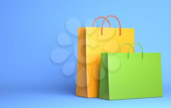 Two Empty Shopping Bags on the blue. 3D illustration