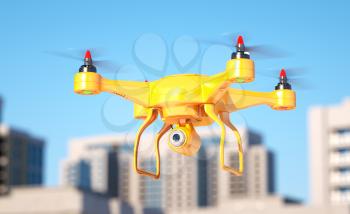 Generic quadcopter with camera spying in city. 3d illustration