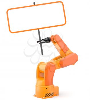 Industrial robot arm with blank sign. 3D illustration