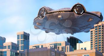 UFO flying over the city. 3d illustration