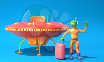 Illustration of UFO and green alien on blue background. 3D illustration