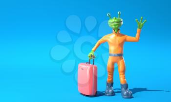 Green alien with luggage. 3D illustration