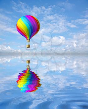 3d colorful Hot Air Balloon in the blue sky and reflection in water