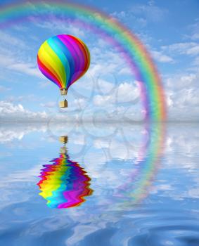 3d colorful Hot Air Balloon and rainbow in the blue sky and reflection in water